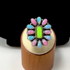 Sterling Silver Multi Color Lab Opal Ring 14 Grams Adjustable 1.25” New